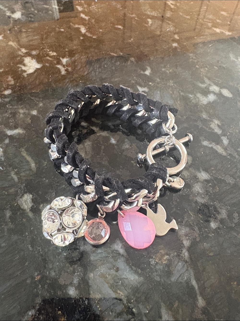 Black Braided Charm Bracelet with Pink Crystal Accent
